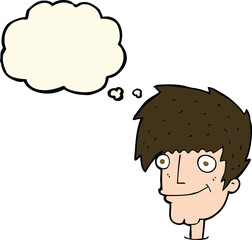cartoon smiling man with thought bubble