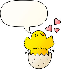 cute hatching chick cartoon and speech bubble in smooth gradient style