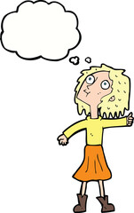 cartoon woman looking up to the sky with thought bubble