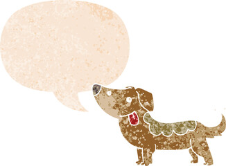 cartoon dog and speech bubble in retro textured style