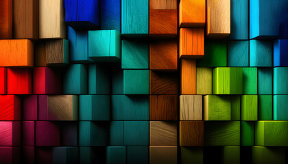 Fototapeta premium Abstract background with colorful squares of wood, Geometric Harmony of Abstract wood block Background