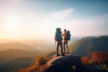 Obraz premium A pair of man and woman friends standing on top of a mountain together on a hike with backpacks in the sunset sunlight, a view of the beautiful scenery from above, a family hike. Generative AI.
