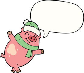 cartoon pig wearing christmas hat and speech bubble
