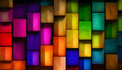 Fototapeta premium Abstract background with colorful squares of wood, Geometric Harmony of Abstract wood block Background