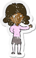 retro distressed sticker of a cartoon friendly woman