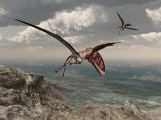 Flugsaurier Dimorphodon über einer Küstenlandschaft - 584228767