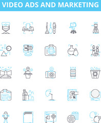 Video ads and marketing vector line icons set. Video, Ads, Marketing, Advertising, Promotions, Campaigns, YouTube illustration outline concept symbols and signs