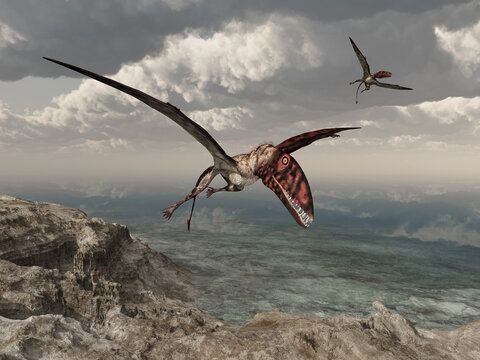 Flugsaurier Dimorphodon über einer Küstenlandschaft