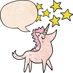 cartoon unicorn and speech bubble in retro texture style