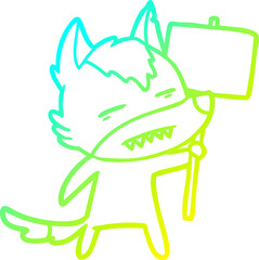 Obraz premium cold gradient line drawing cartoon wolf with sign post showing teeth