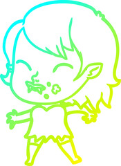 cold gradient line drawing cartoon vampire girl with blood on cheek