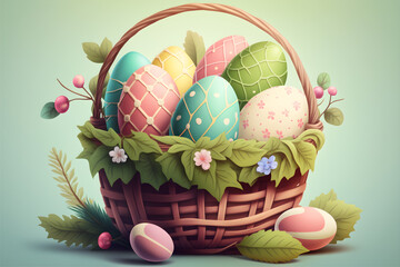 easter basket with eggs and flowers