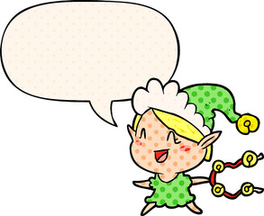 cartoon happy christmas elf and speech bubble in comic book style