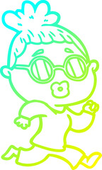 cold gradient line drawing cartoon woman wearing spectacles