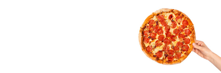 Hand holding or taking tasty paperoni pizza isolated on white. Top view on paperoni pizza. Concept for italian food, street food, fast food, quick bite. Long banner with copy space.
