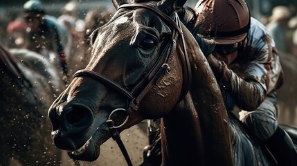 racing horse portrait close up. Generative AI illustration.