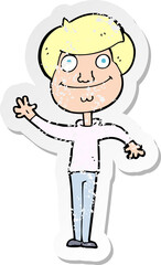 retro distressed sticker of a cartoon happy man waving