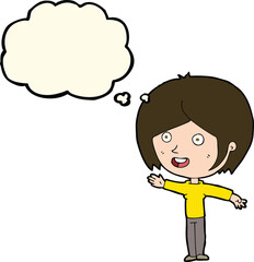 cartoon happy girl waving with thought bubble