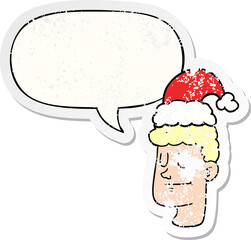 cartoon man wearing christmas hat and speech bubble distressed sticker
