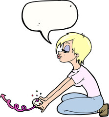 cartoon girl playing computer games with speech bubble