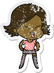 distressed sticker of a happy cartoon girl