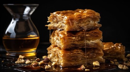 Three stacks of baklava sweet and honey syrup