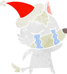retro cartoon of a crying wolf wearing santa hat