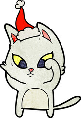 confused textured cartoon of a cat wearing santa hat