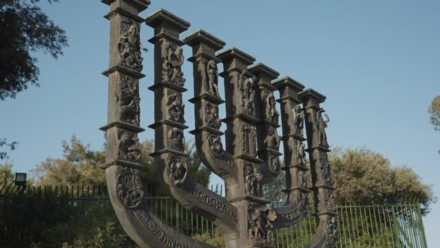 Jewish menorah in Jerusalem Israel Hanukkah statue city monument for Jews
