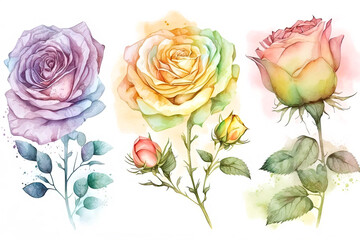 Fototapeta na wymiar Roses and leaves, watercolor flowers isolated on white background, wedding invitaiton card design made with Generative AI, Ai art