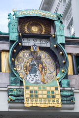 Vienna, Austria, Jugendstil Ankeruhr Clock at Hoher Markt. At 12 o'clock noon the parade of the...