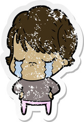 distressed sticker of a cartoon woman crying