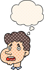 cartoon shocked man and thought bubble in comic book style