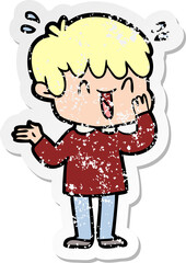 distressed sticker of a cartoon laughing boy