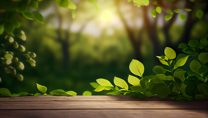 Beautiful Spring Foliage with Juicy Green Leaves and an Empty Wooden Table in the Outdoors. Natural Template with Bokeh and Sunlight