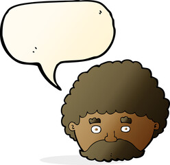 cartoon man with mustache with speech bubble
