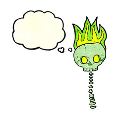 cartoon spooky skull and spine with thought bubble