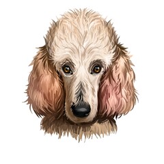 Poodle dog portrait isolated on white. Digital art illustration of hand drawn dog for web, t-shirt print and puppy food cover design. Dog breeds, Standard, Miniature and Toy Poodle, pet shop.