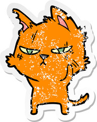 distressed sticker of a tough cartoon cat