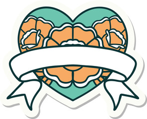 tattoo style sticker of a heart and banner with flowers