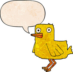 cartoon duck and speech bubble in retro texture style