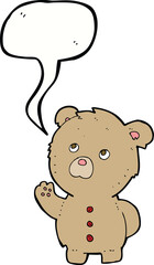 cartoon waving teddy bear with speech bubble