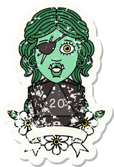 half orc rogue character with natural twenty dice roll grunge sticker