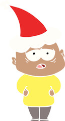 flat color illustration of a tired bald man wearing santa hat