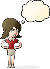 cartoon annoyed woman with hands on hips with thought bubble