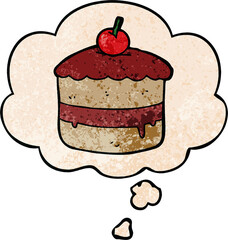 cartoon cake and thought bubble in grunge texture pattern style