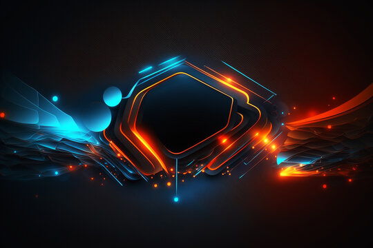 Formas sim&eacute;tricas de luces de ne&oacute;n sobre fondo oscuro. Estilo logotipo futurista, fondo de escritorio con luces brillantes y colores vivos en fondo negro con espacio, copyspace. Generative AI.