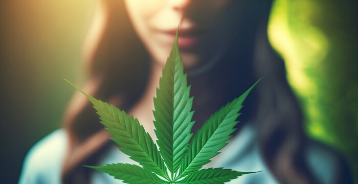 Mujer frente a hoja de marihuana. Mariuana terap&eacute;utica.