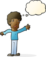 cartoon worried man reaching out with thought bubble
