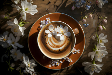 Top View Delightful Cappuccino with Spring Flowers on Wooden Table